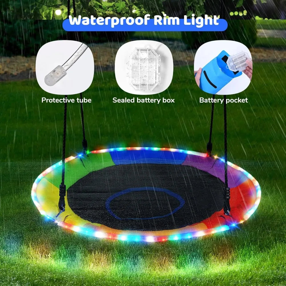 700lbs 40" Saucer Tree Swing with LED Lights, 2 Tree Hanging Straps - Rainbow