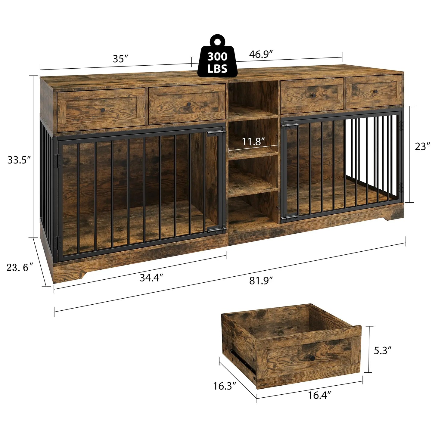 HiMISS Heavy Duty Double Dog Crate TV Stand With Drawers