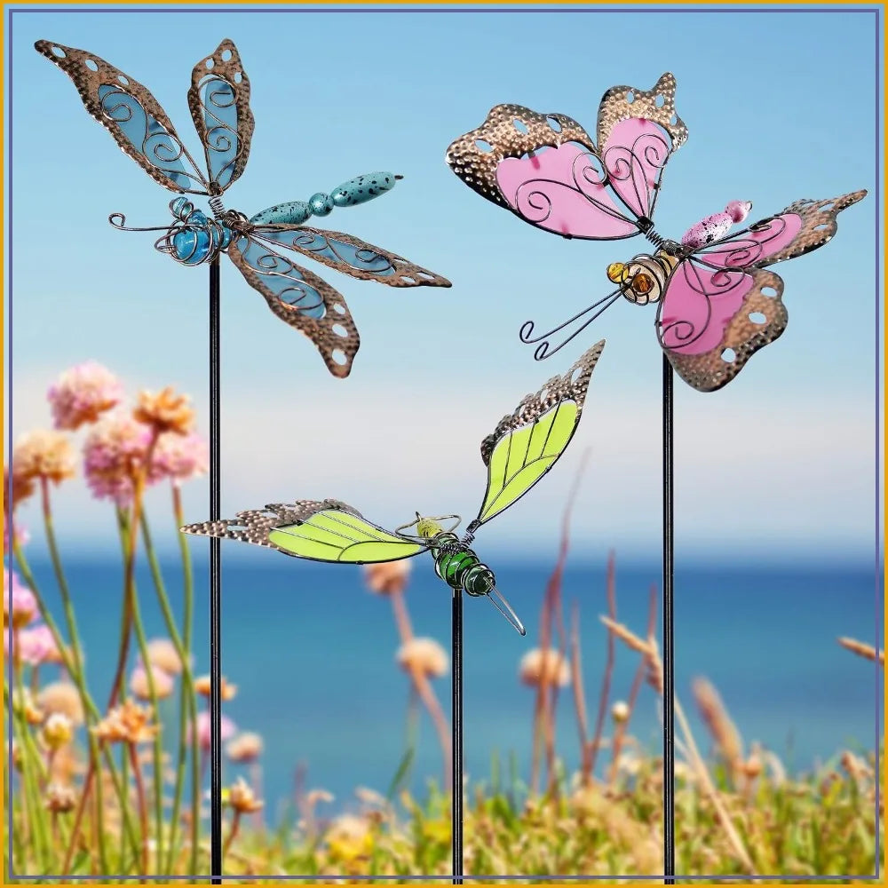Glow Metal Garden Stakes Butterfly Dragonfly Hummingbird Set of 3
