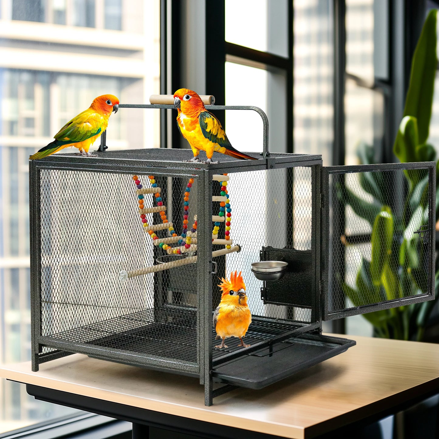 Wrought Iron Travel Bird Cage Parrot Carrier With Handle Perch