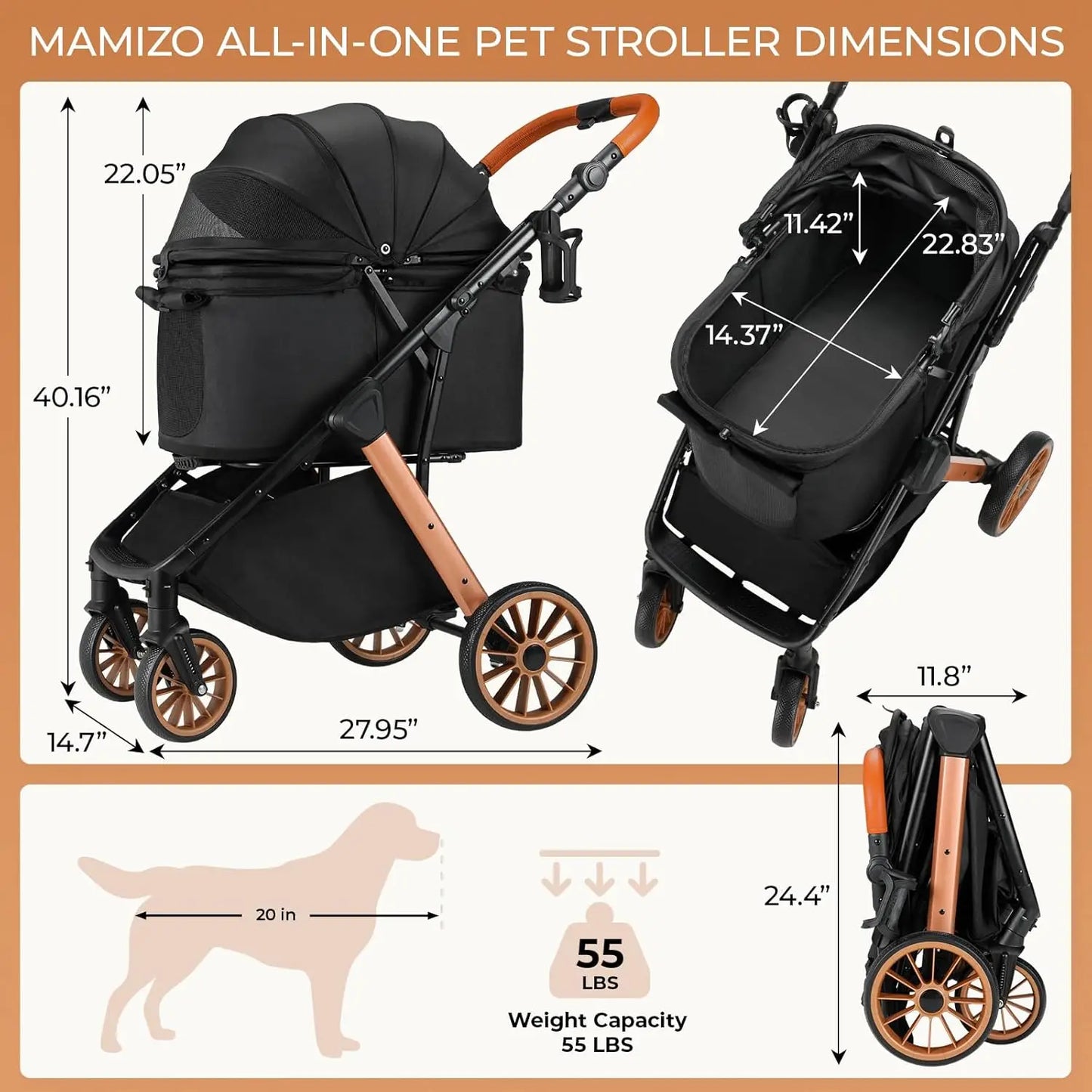 Foldable Pet Stroller With Sun Shade And Shock Absorbers
