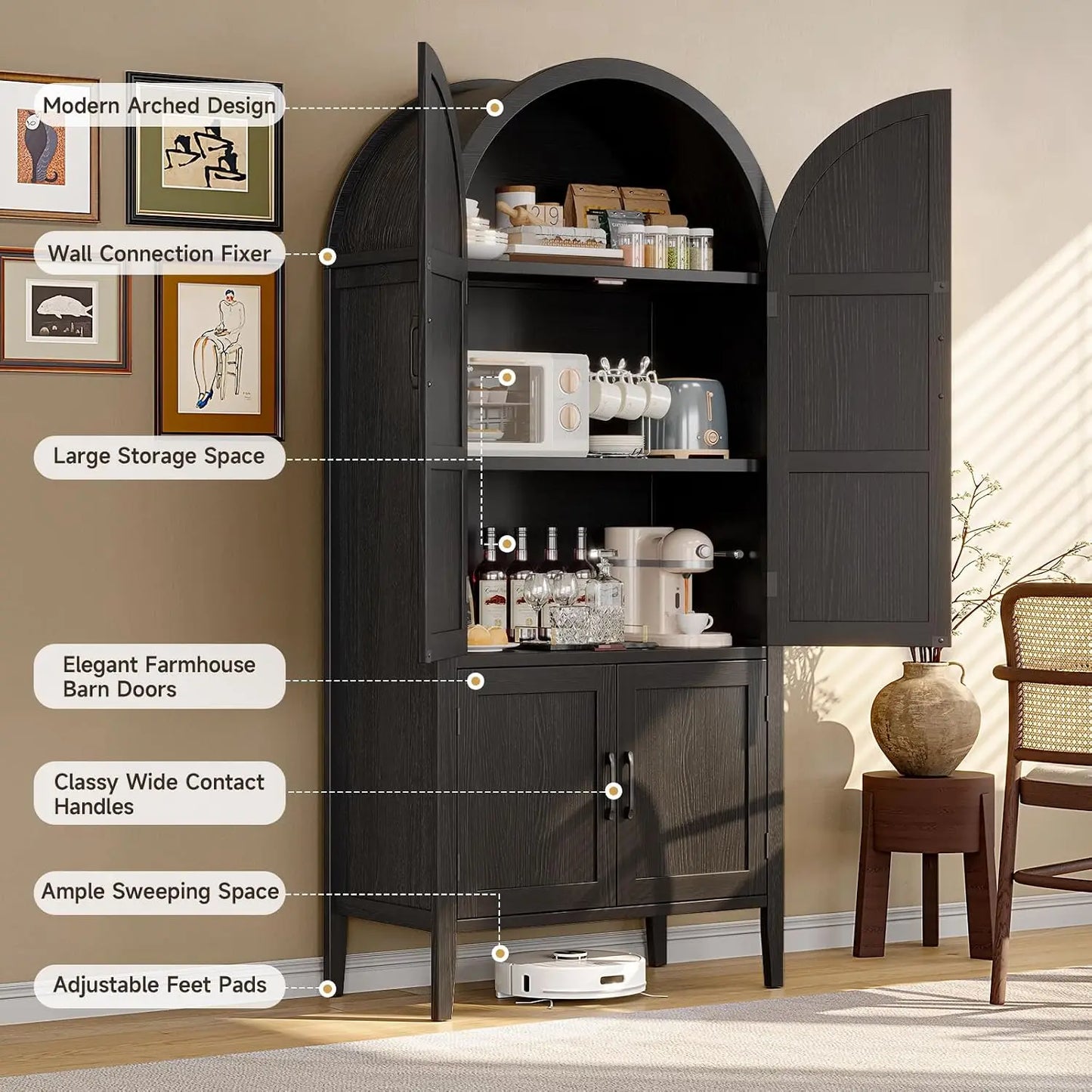 71" Tall Farmhouse Arched Pantry Cabinet, 5-Tier Wooden Storage w/Adjustable Shelves & Feet, Kitchen Cabinet w/Doors for Dining Room Organization