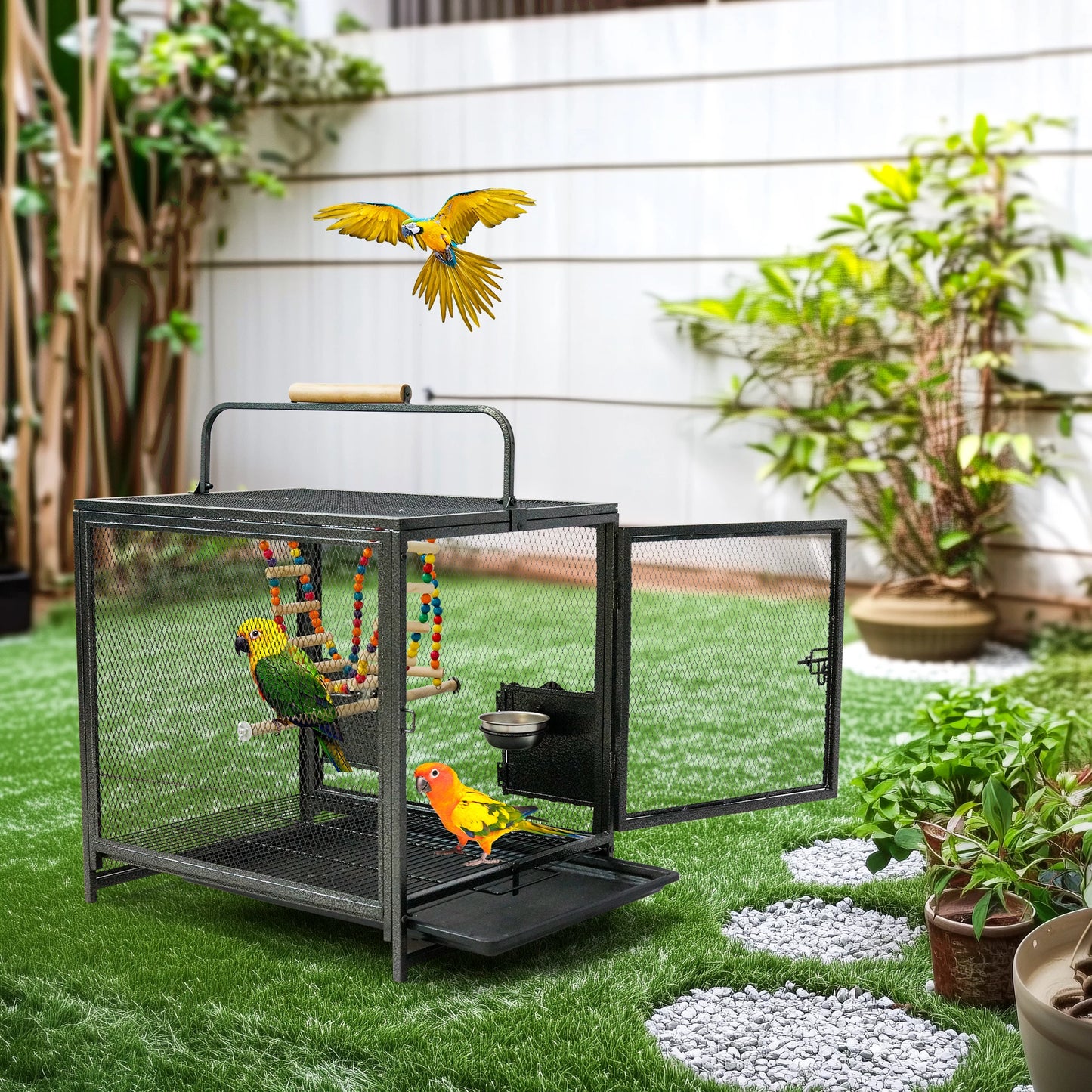 Wrought Iron Travel Bird Cage Parrot Carrier With Handle Perch