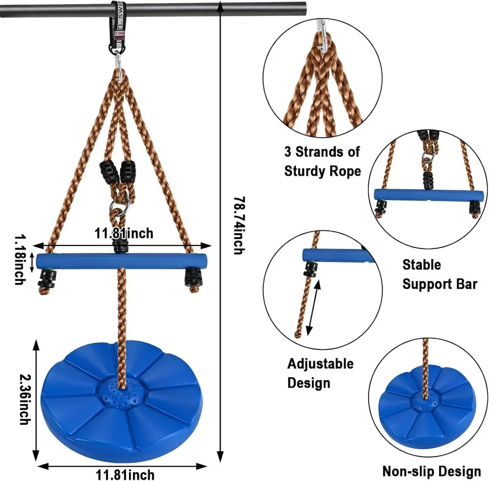 3pcs Outdoor Swing Set with Adjustable Ropes, Disc & Ring Hangers, Trapeze Bar, U-Board Seat and Monkey Bars with EVA Soft Disc for Backyard Play