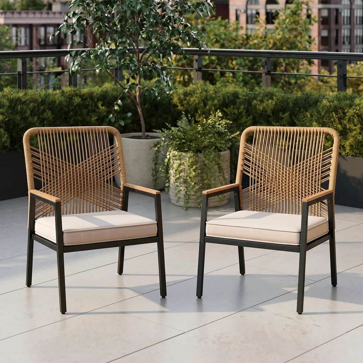 2PCS Garden Rattan Chairs,Patio Chairs,Removable 8 cm Seat Cushion,Up to 160 kg,WPC Armrest,for Balcony,Pool,Restaurant,Terrace