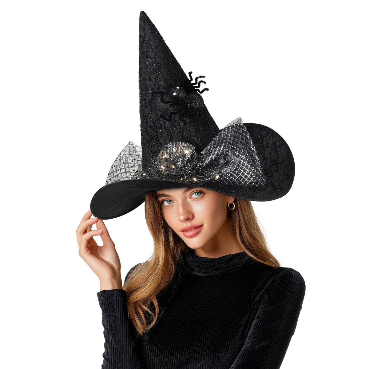 Women's Halloween Witch Hat with Lace, Feather and LED Decor
