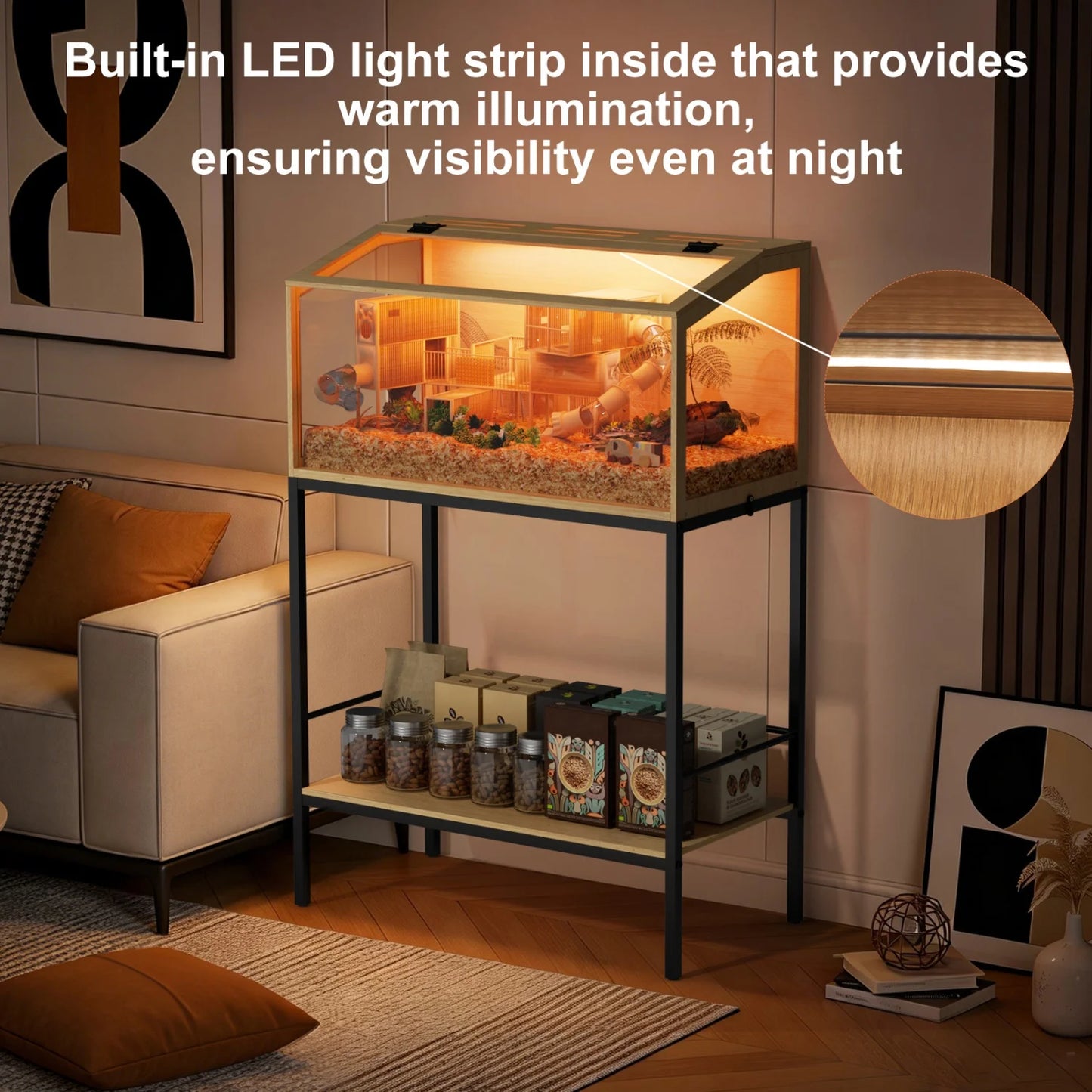 60/80/100/CM Hamster Cage Chewproof Wooden Guinea Pig Cages Habitat House Tempered Glass Panels Built-in LED Light for Small Pets