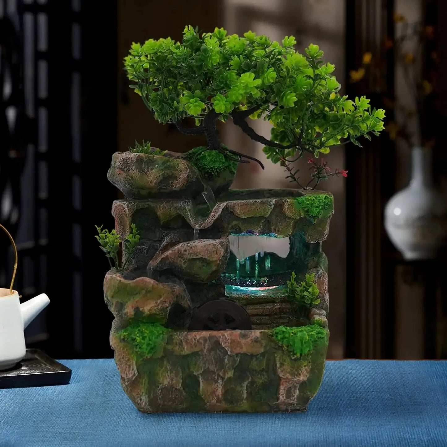 Indoor Tabletop Waterfall Fountain With Automatic Pump LED Light