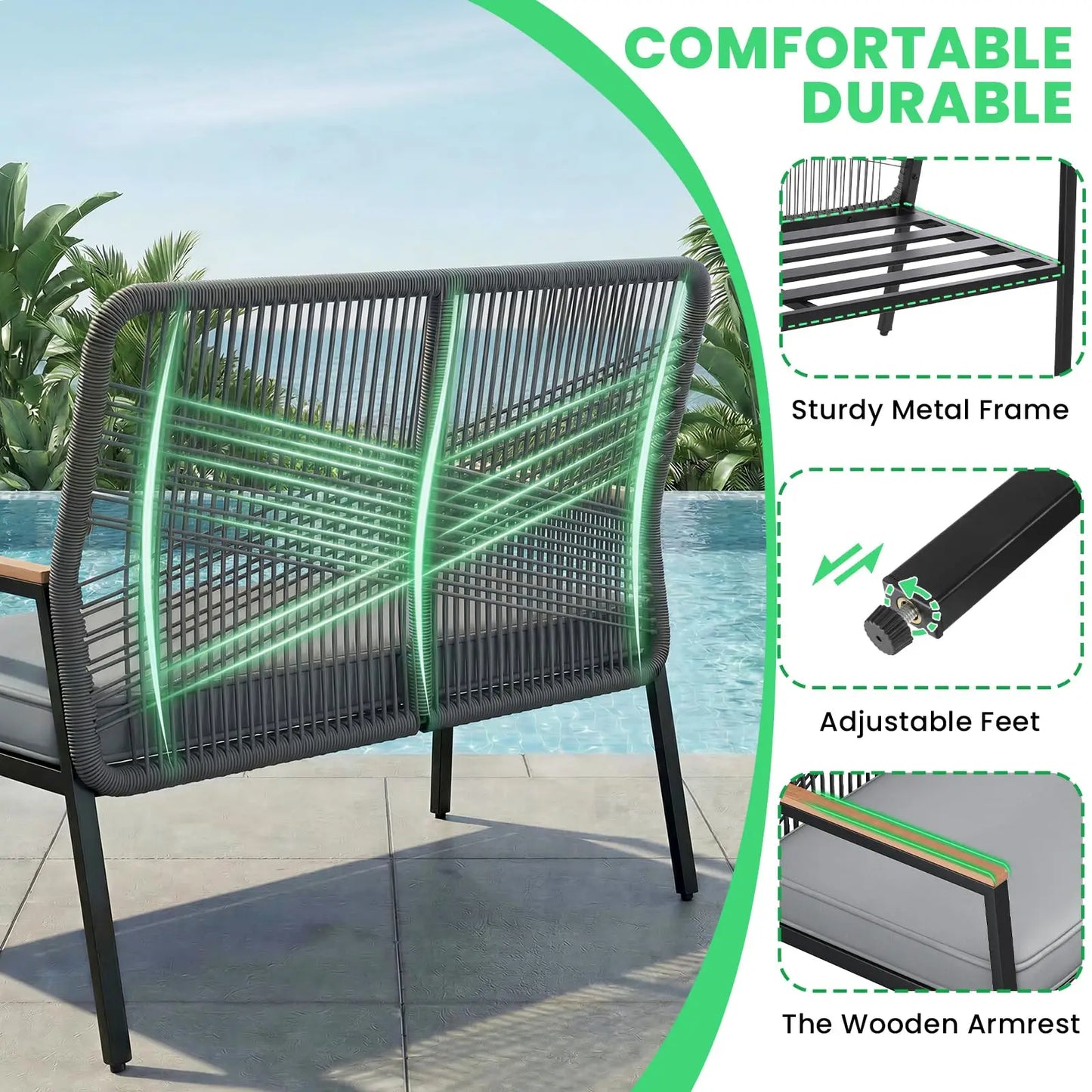 Modern Rattan Patio Loveseat With Cushion And Metal Frame