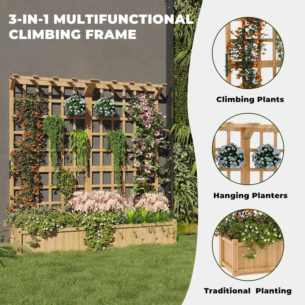 Elevated Outdoor Wooden Planter With Trellis For Flowers And Veggies