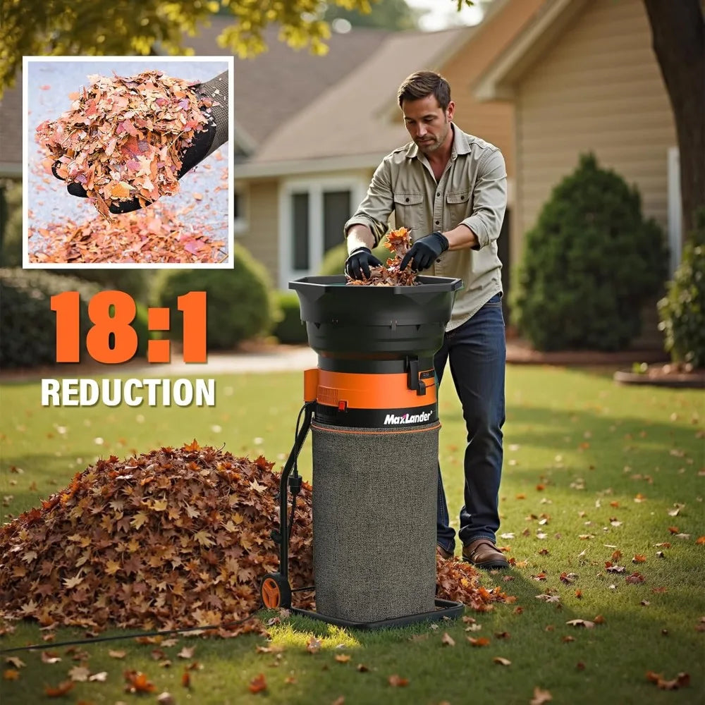 Electric Leaf Mulcher/Shredder, 15A 8400RPM, 18:1 Ratio, Dial, Goggles, Scoops, Gloves, 20 Lines, Portable