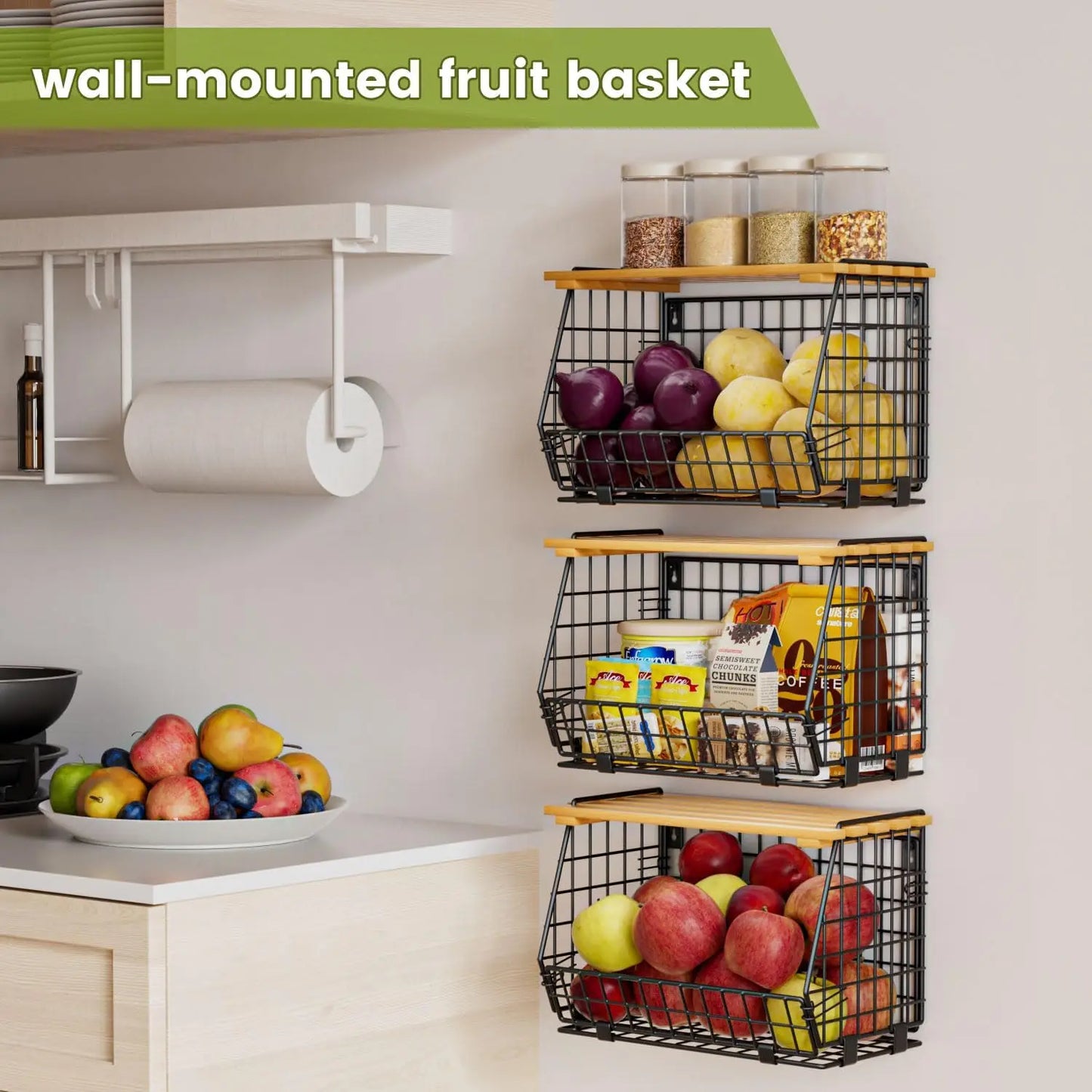 3-Pack Hanging Fruit Basket for Kitchen, Wall Mounted or Countertop Wire Storage for Vegetables, Onions, Potatoes