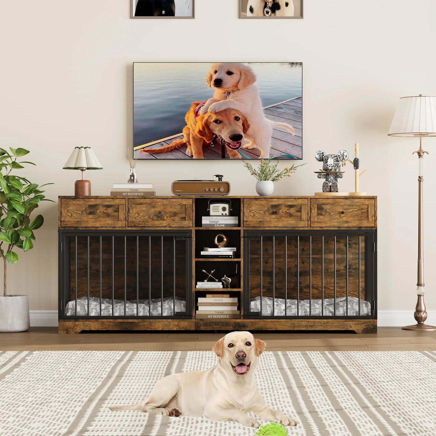HiMISS Heavy Duty Double Dog Crate TV Stand With Drawers