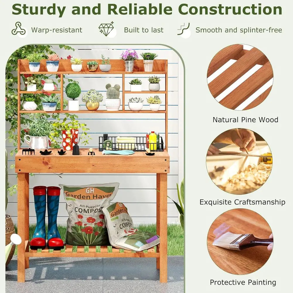 Potting Bench Table, Outside Solid Wood Gardening Table with lip-up Tabletop, Storage Shelves, Indoor Outdoor Wooden Workstation