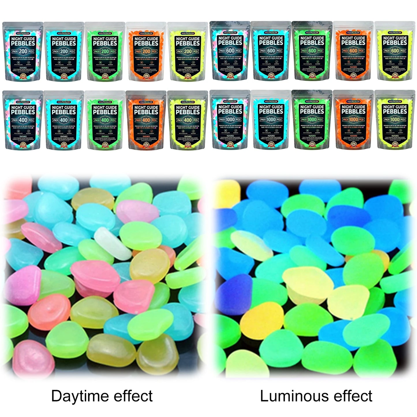 1000/600/400/200 PCS Garden Luminous Stones Glow in The Dark, for Walkway Driveway Pathway, Outdoor Waterproof Landscape Rocks