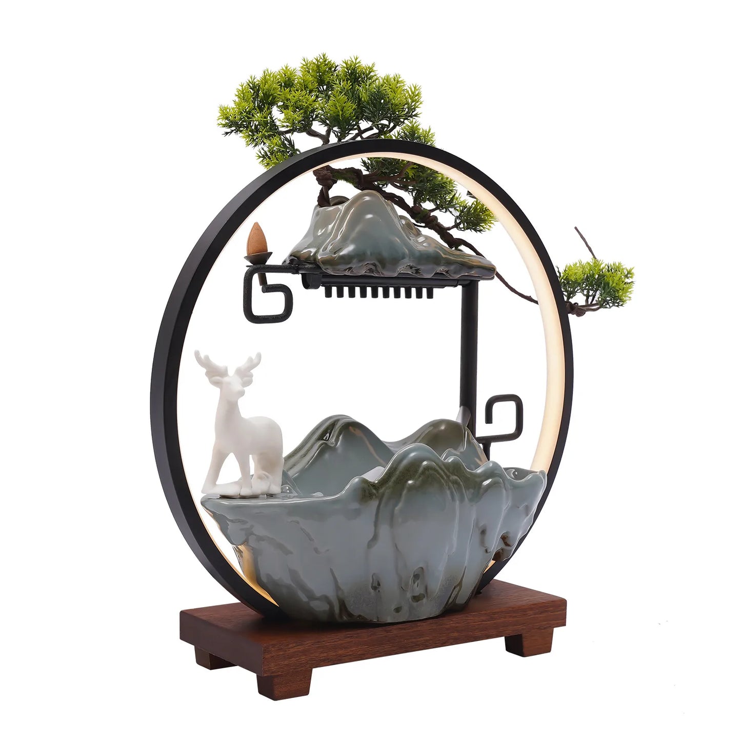 110V Ceramic Tabletop Fountain With Mist LED Deer Pine Branches