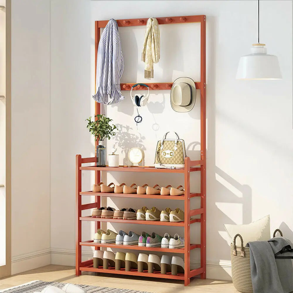 Bamboo Hall Tree Bench With Coat Hooks For Entryway Storage