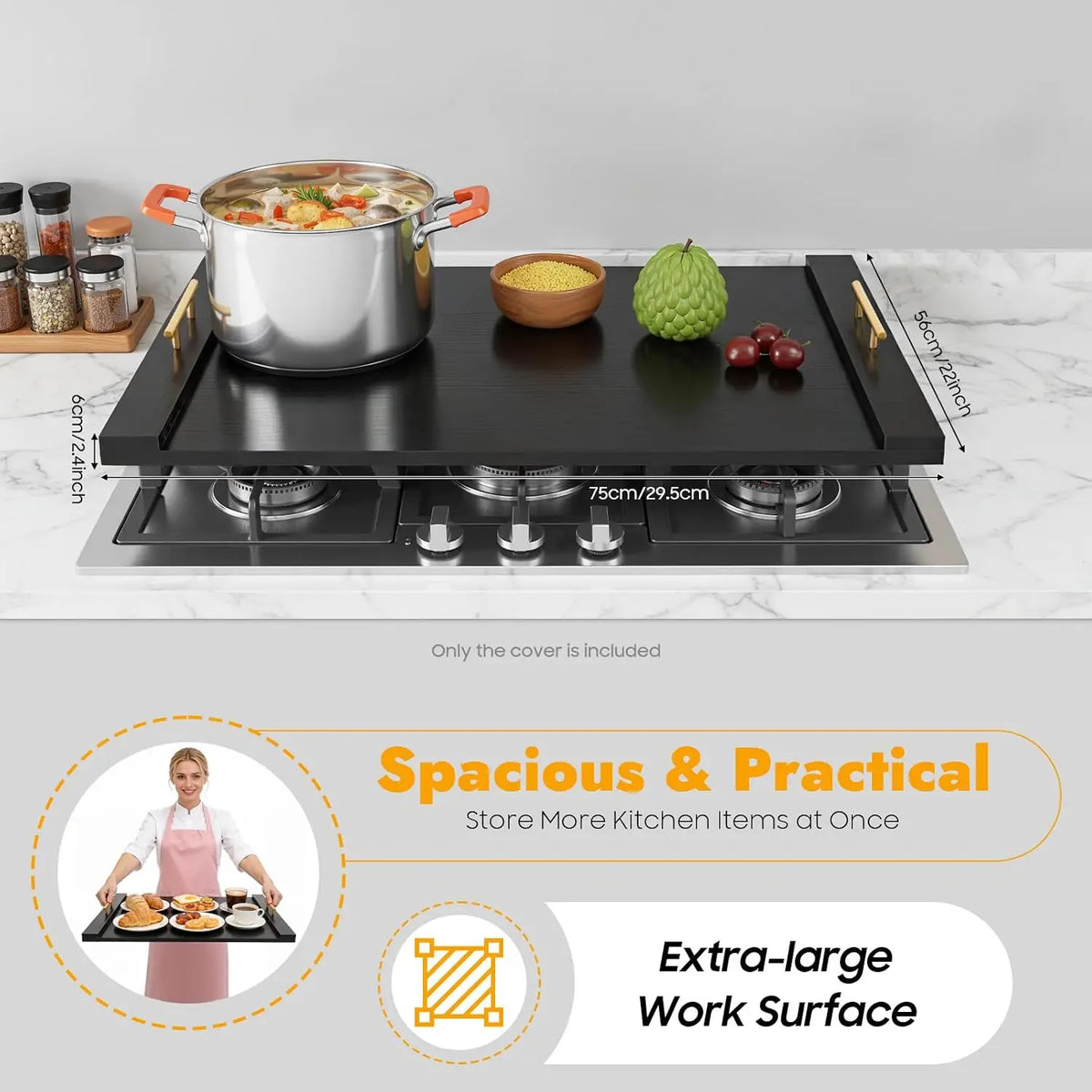 Wood Noodle Board Stove Cover with Handles for Counter Space