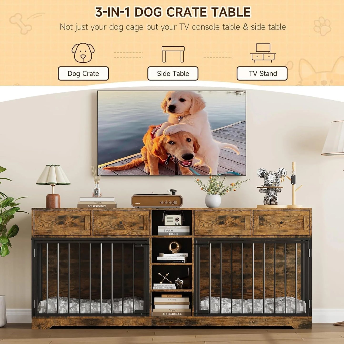 HiMISS Heavy Duty Double Dog Crate TV Stand With Drawers