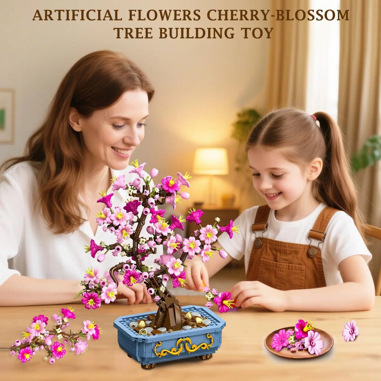 HOGOKIDS Flowers Cherry-Blossom Bonsai Building Set-2 in 1 Artificial Bonsai Tree Plants for Home Decor Toy Gift for Adults Teen