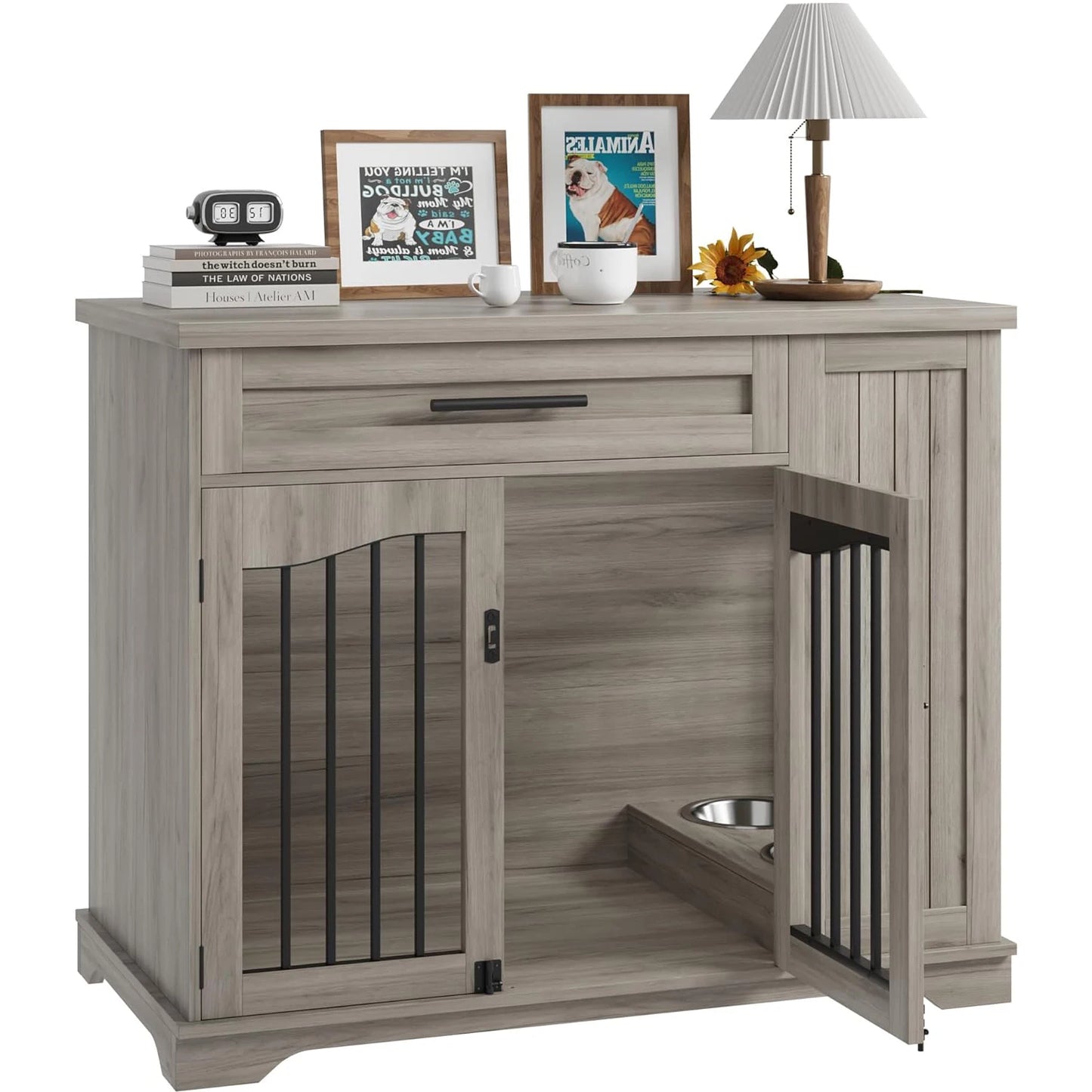 HiMISS Furniture Style Wooden Dog Crate With Feeding Station