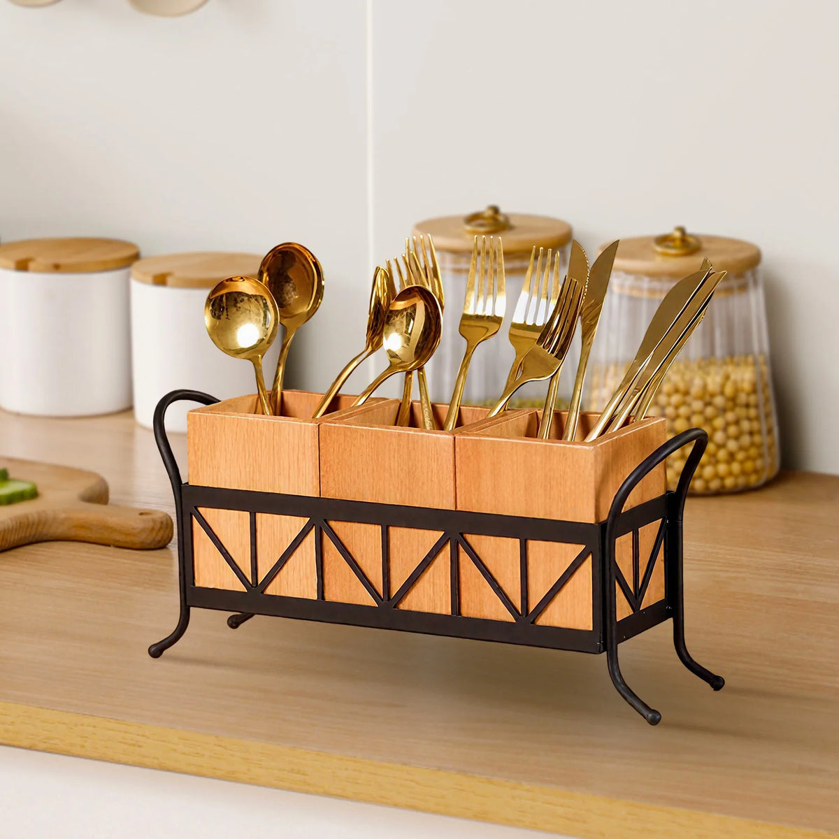 3 Compartment Bamboo Utensil Holder, Detachable Cutlery Organizer with Black Metal Rack for Kitchen Countertop