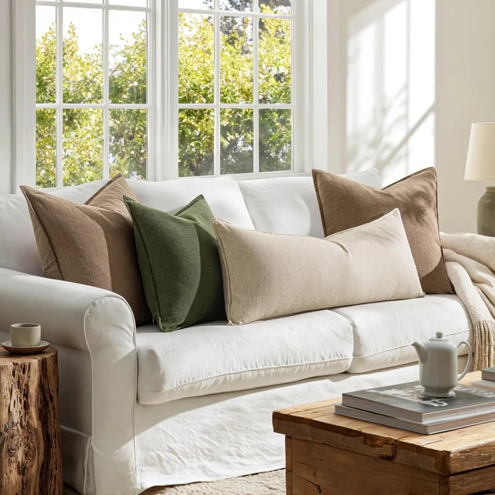 Boho Lumbar Throw Pillow Cover 14x36 Natural Beige Linen Cotton Flange Edge