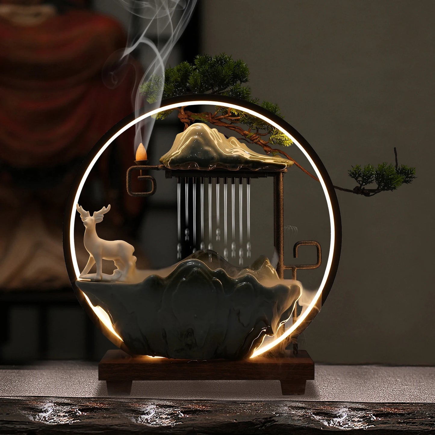 110V Ceramic Tabletop Fountain With Mist LED Deer Pine Branches