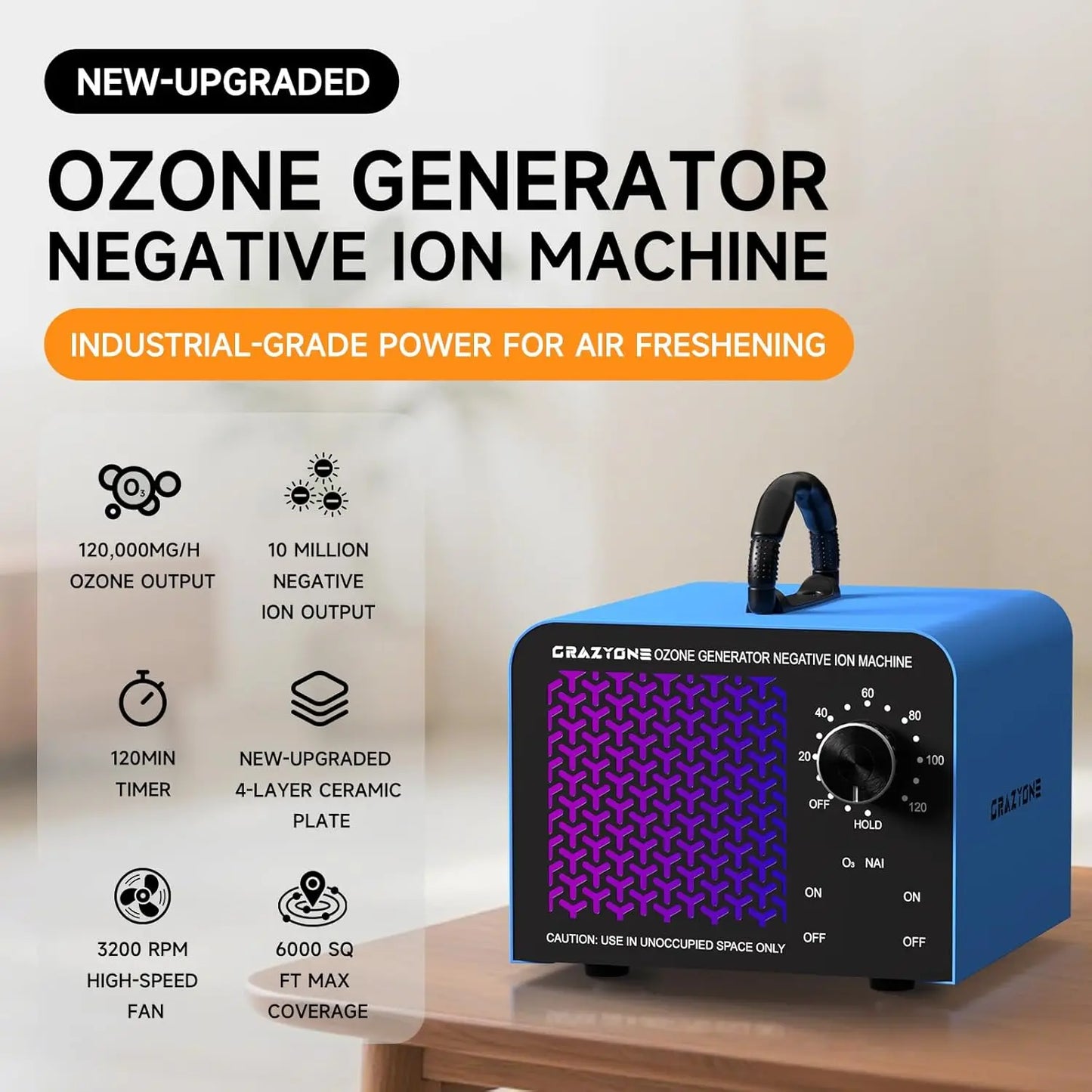 Ozone Generator With Negative Ion Odor Eliminator For Car And Home