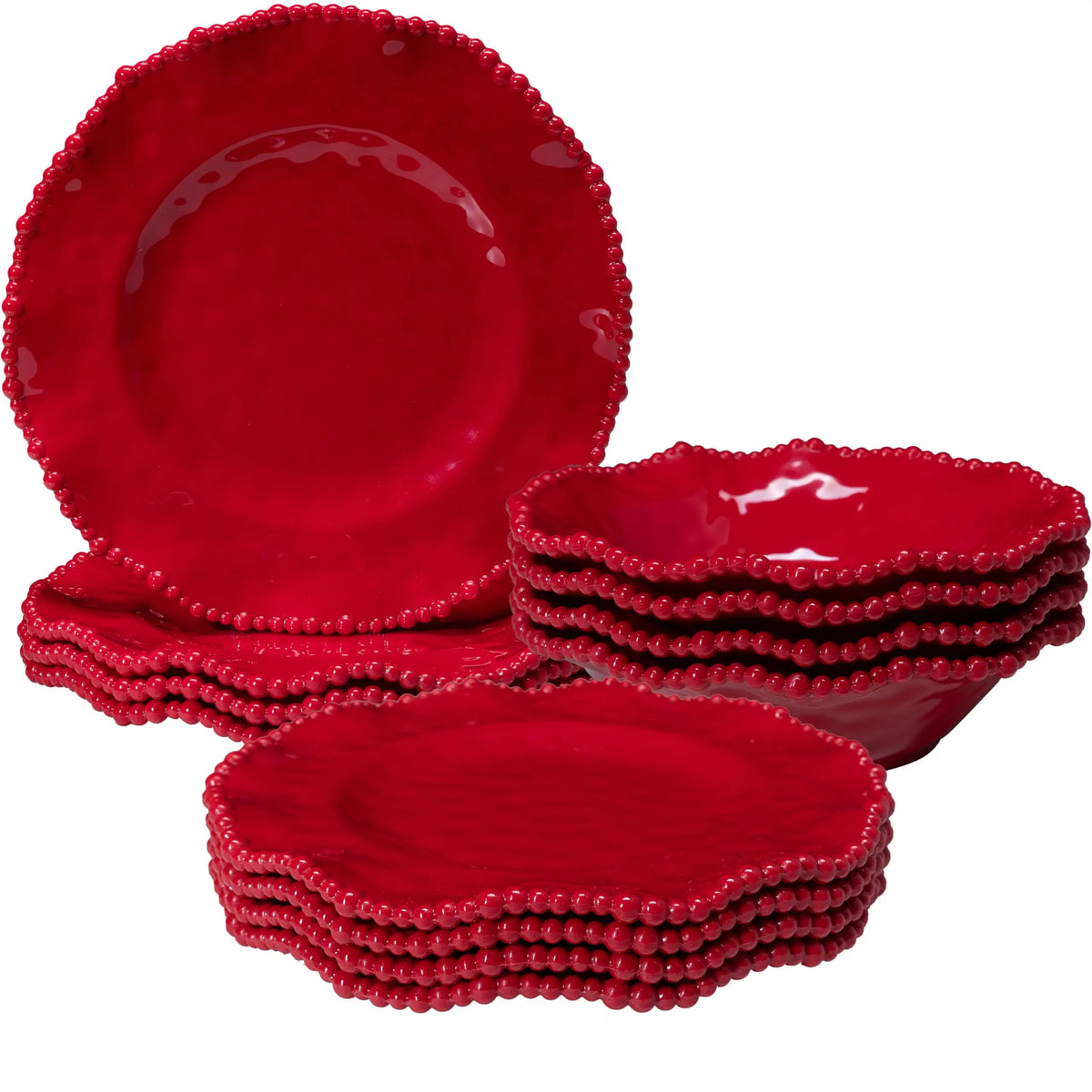 Cream 12pcs Beaded 100% Melamine Dinnerware Set, Elegant Scalloped Edge Durable & Shatterproof Outdoor Dining Set,Unbreakable Plates & Bowls Set for Indoor/Outdoor Use, Dishwasher Safe