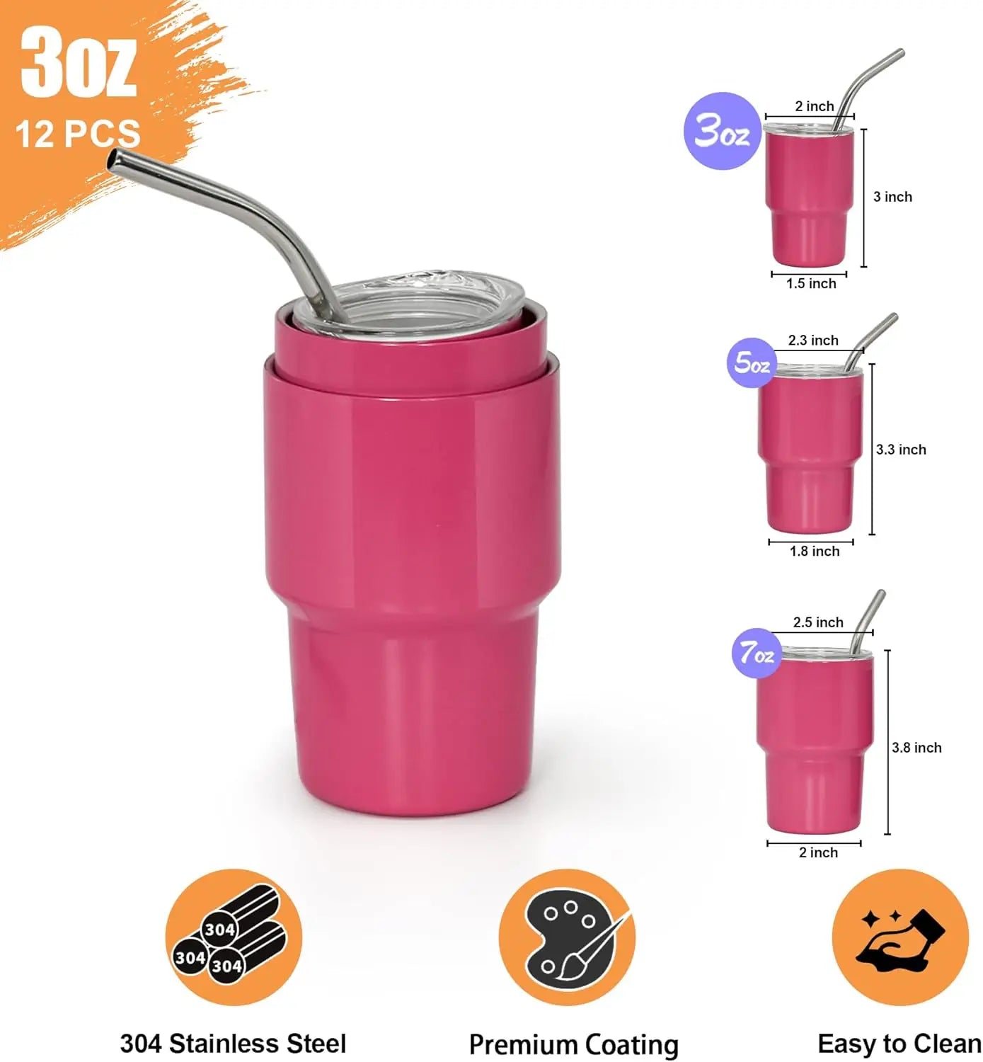Stainless Steel Mini Tumbler Shot Glasses Straw Lid 12 Pack