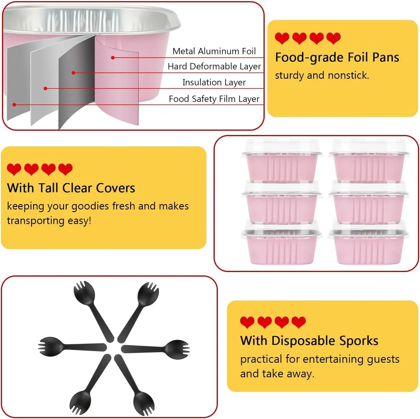 `10 Oz Aluminum Foil Baking Cups with Lids and Sporks, 100 Pcs Disposable Ramekins for Dessert Cake BBQ Meal Prep`