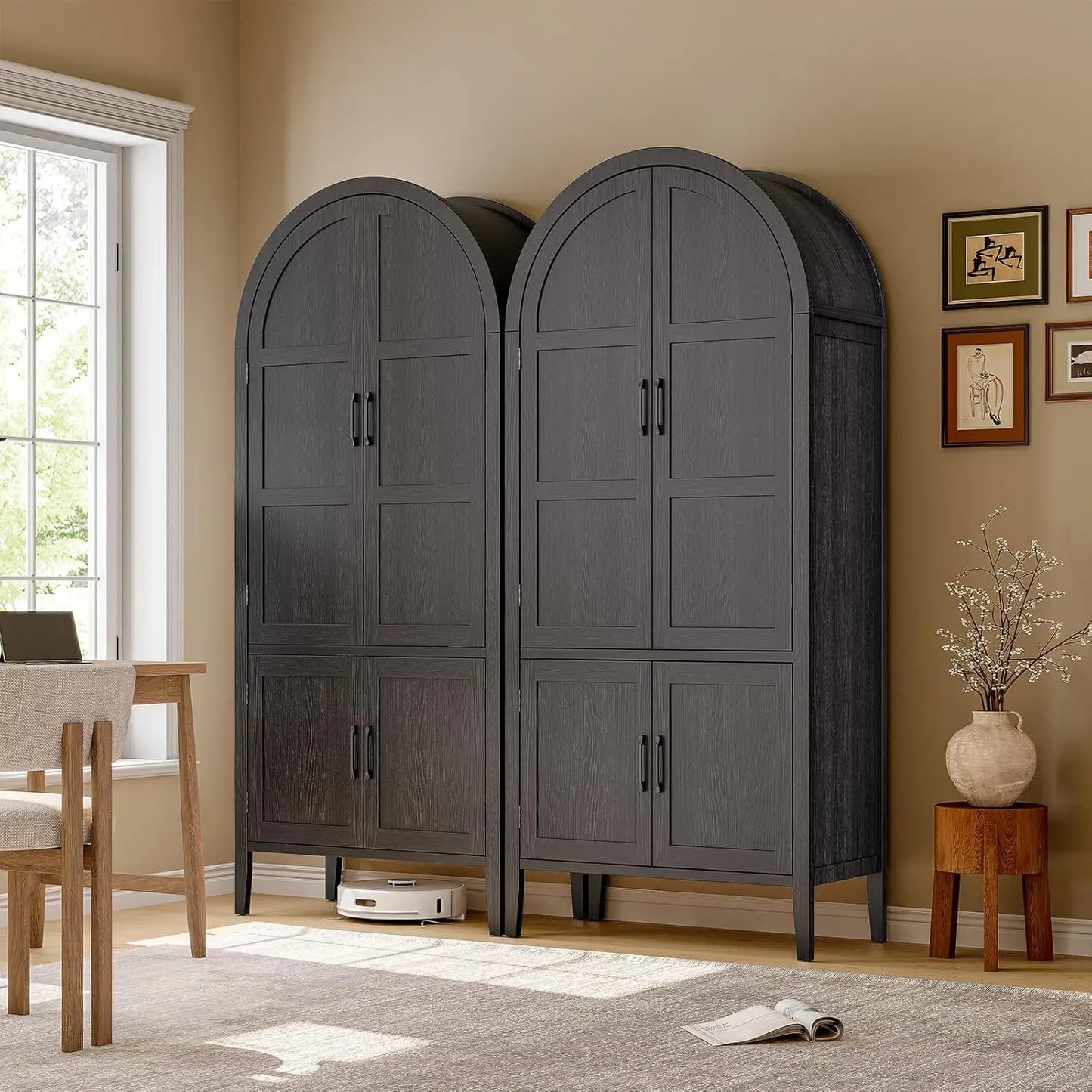 71" Tall Farmhouse Arched Pantry Cabinet, 5-Tier Wooden Storage w/Adjustable Shelves & Feet, Kitchen Cabinet w/Doors for Dining Room Organization