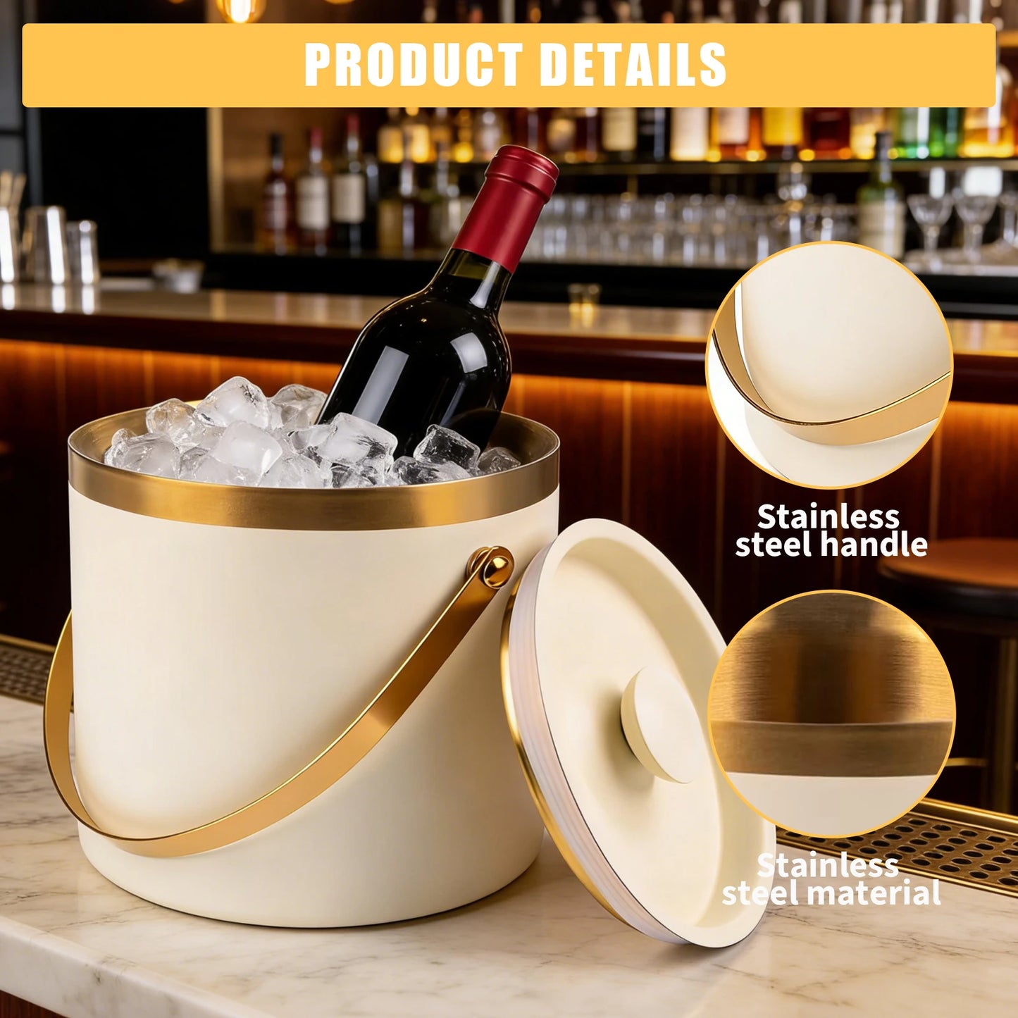 4L Stainless Steel Ice Bucket with Lid Handle Double Wall Insulation for Wine Champagne Bar Party