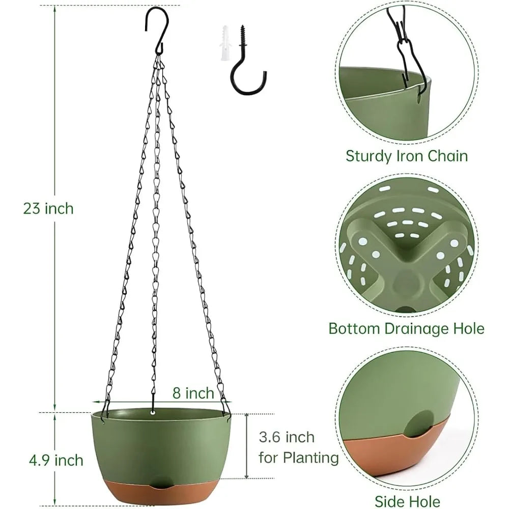 Set of 2 Self-Watering Hanging Planters, 8 Inch Indoor Outdoor Flower Pots with Drainage Holes & Removable Tray, Hooks Included