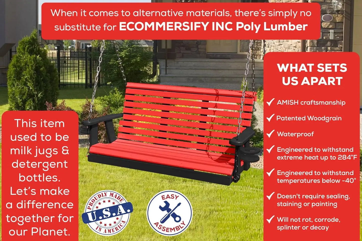 4FT HDPE Porch Swing 1000lb Rollback Design Patio Backyard Garden Park Customized