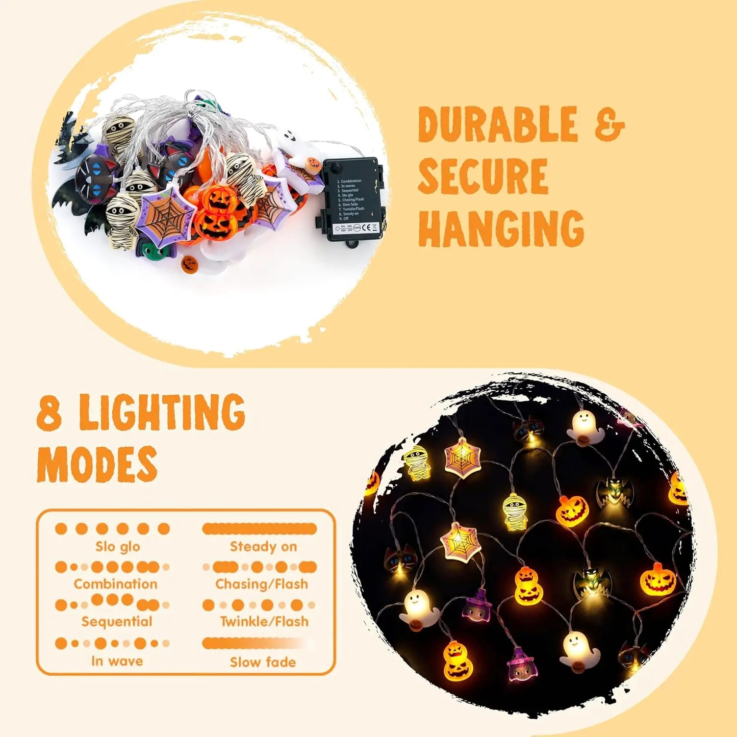 19.7FT 30 LED Halloween String Lights with Ghost & Pumpkin 3D Designs, Battery Operated Timer & 8 Lighting Modes, Spooky Indoor Outdoor Halloween Decorations for Party Yard Porch Patio