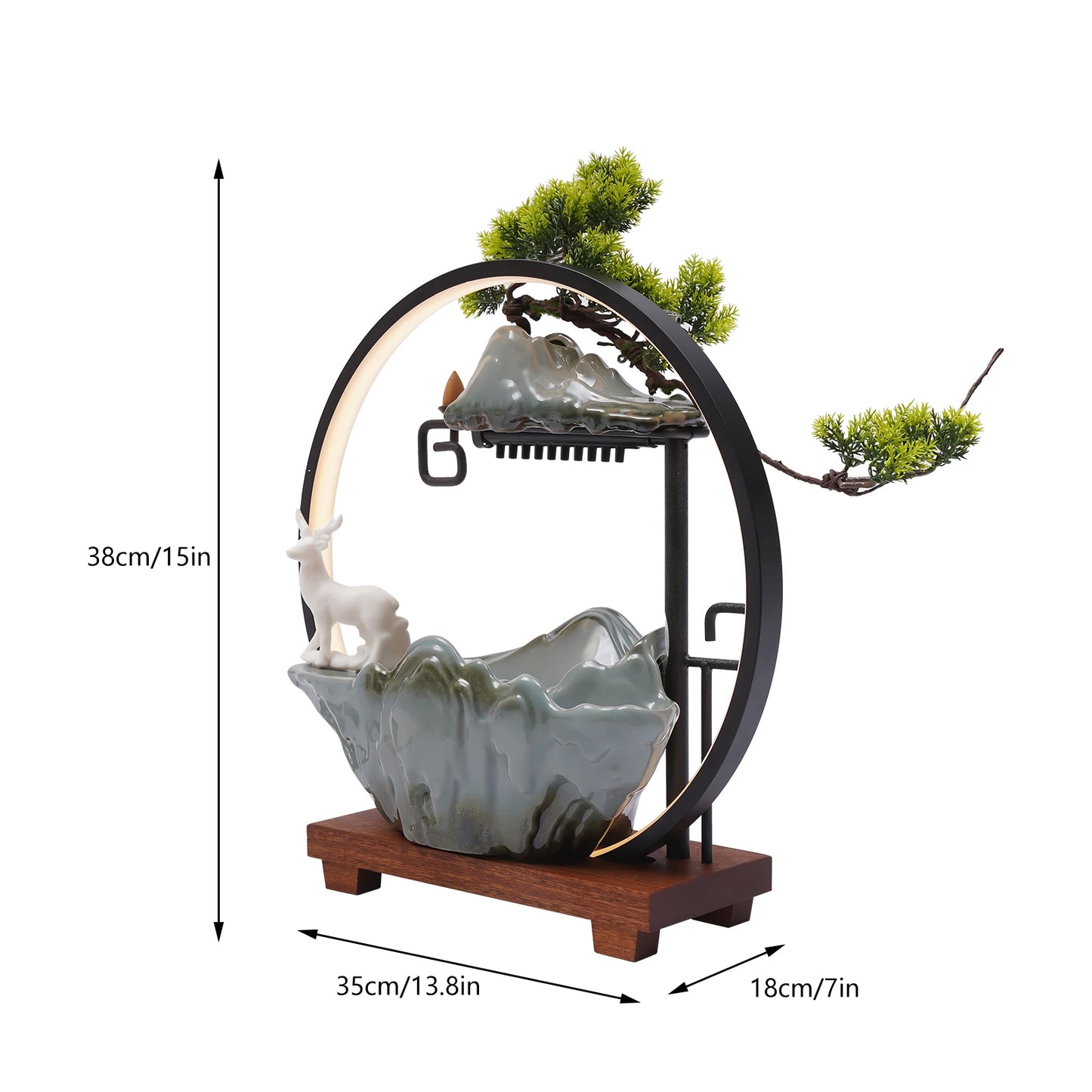 110V Ceramic Tabletop Fountain With Mist LED Deer Pine Branches