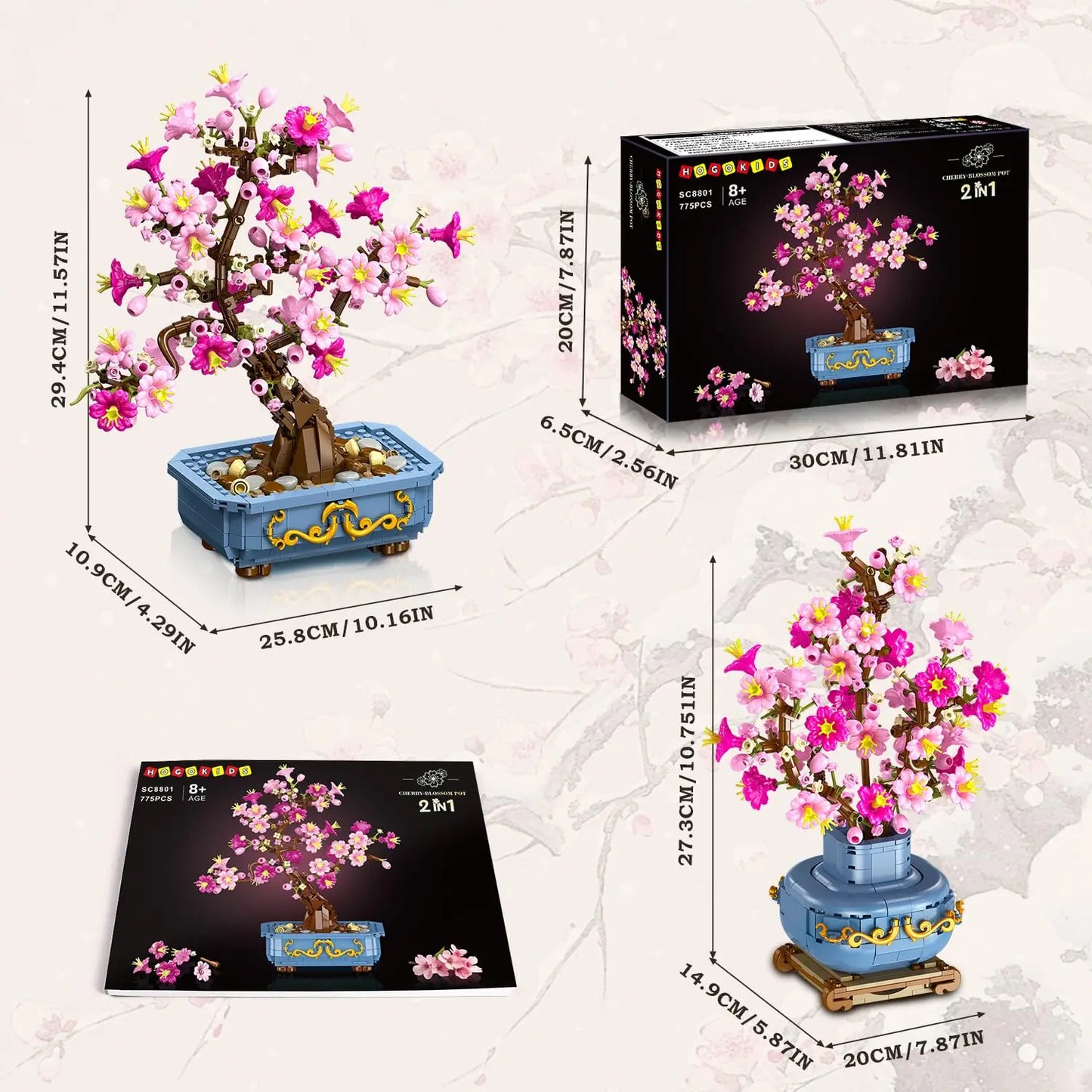 HOGOKIDS Flowers Cherry-Blossom Bonsai Building Set-2 in 1 Artificial Bonsai Tree Plants for Home Decor Toy Gift for Adults Teen