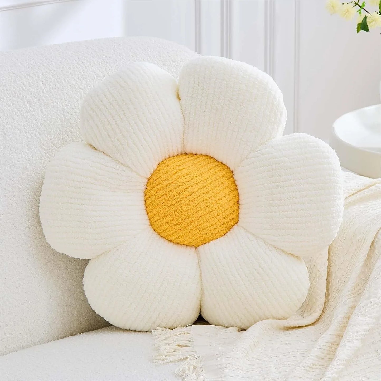 Flower Pillow, White Decorative Throw Pillow for Bed Couch, 14.9" Daisy Floral Shaped Plush Floor Seat Cushion