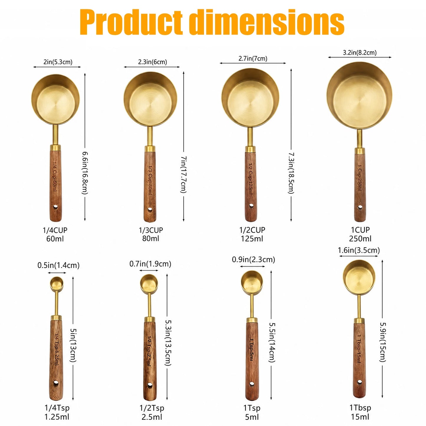 Measuring Cups and Spoons Set, Stainless Steel Measuring Set with Wood Handle for Baking Cooking Coffee