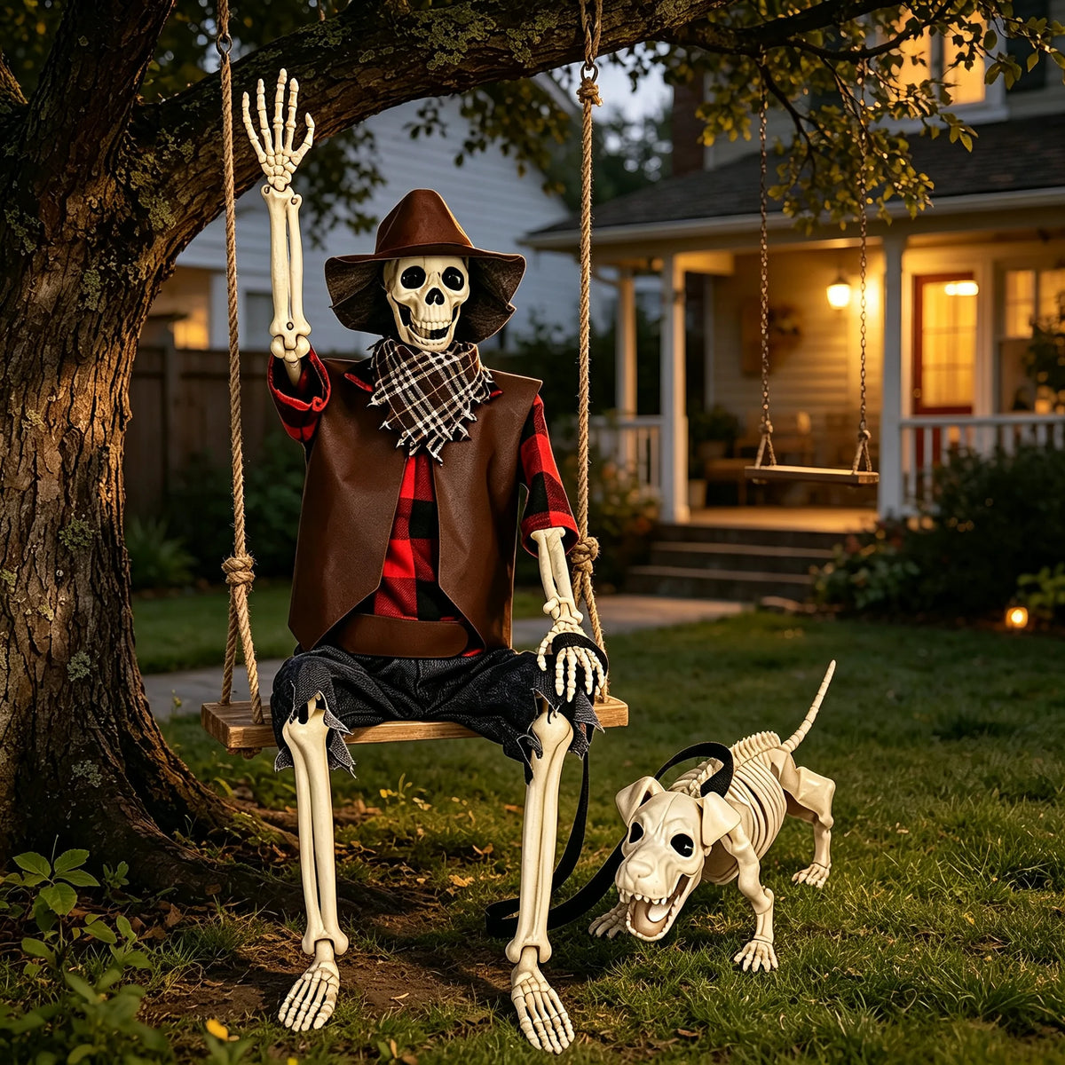 Posable Skeleton And Dog Halloween Cowboy Outdoor Decorations