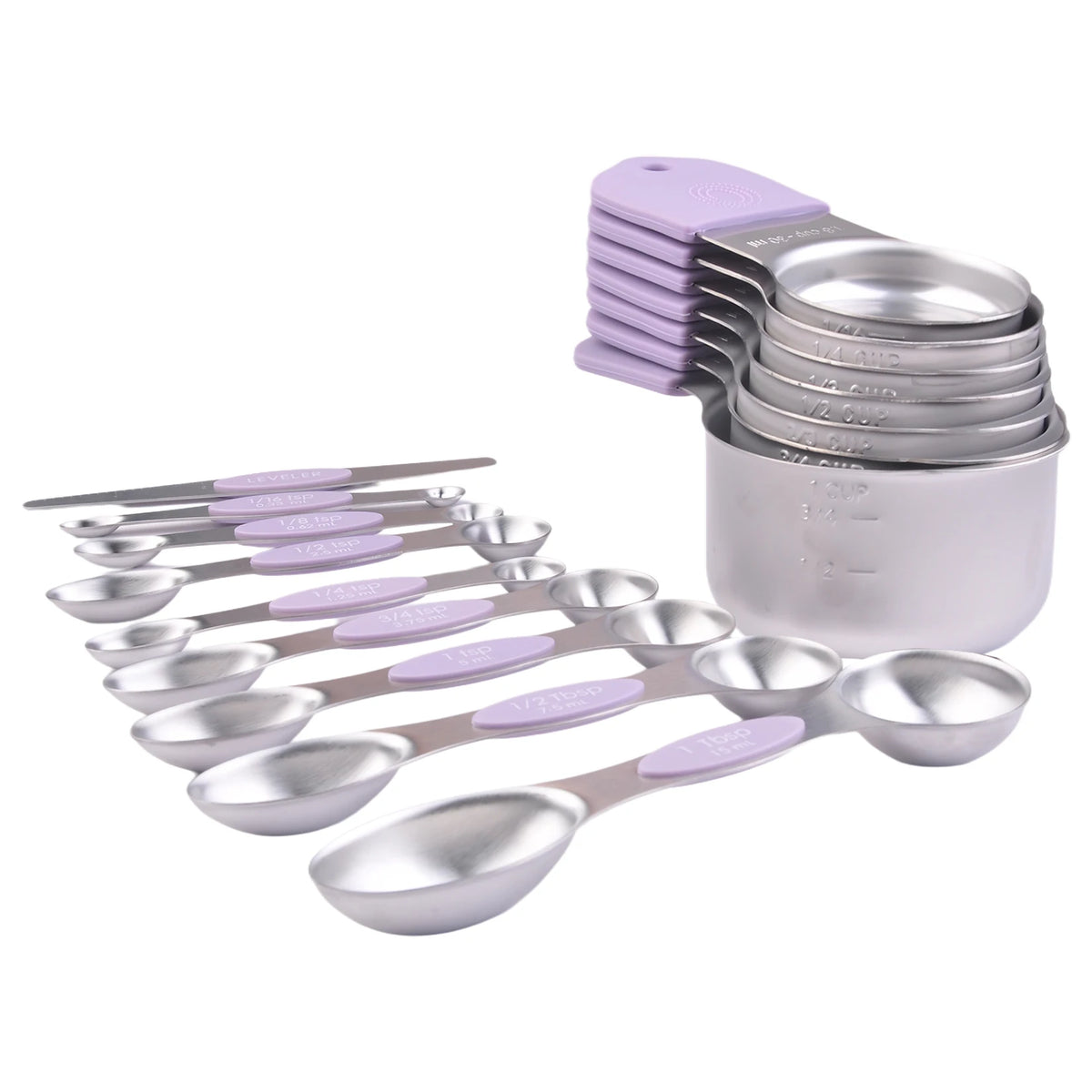 16 PCS Stainless Steel Measuring Cups and Spoons Set, Purple Silicone Handles with Leveler for Baking Cooking