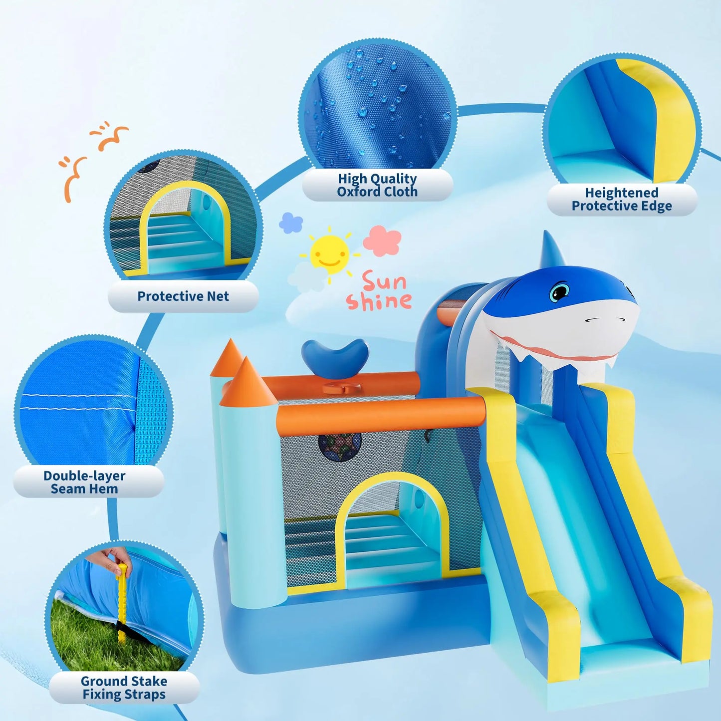 Inflatable Bounce House With Slide & Blower, Kids Bouncy Castle, Climbing Wall Basketball Hoop, Indoor Outdoor Backyard Play