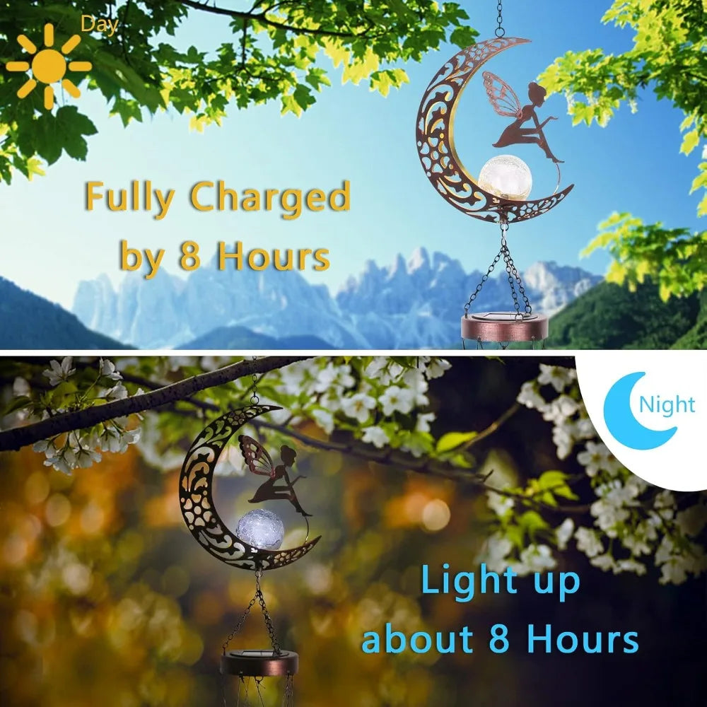 Fairy Solar Wind Chime With Crackle Glass Ball Garden Decor