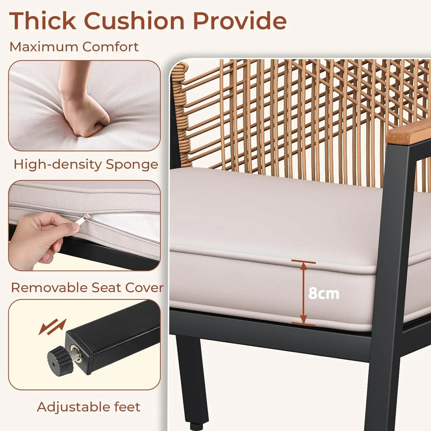 2PCS Garden Rattan Chairs,Patio Chairs,Removable 8 cm Seat Cushion,Up to 160 kg,WPC Armrest,for Balcony,Pool,Restaurant,Terrace