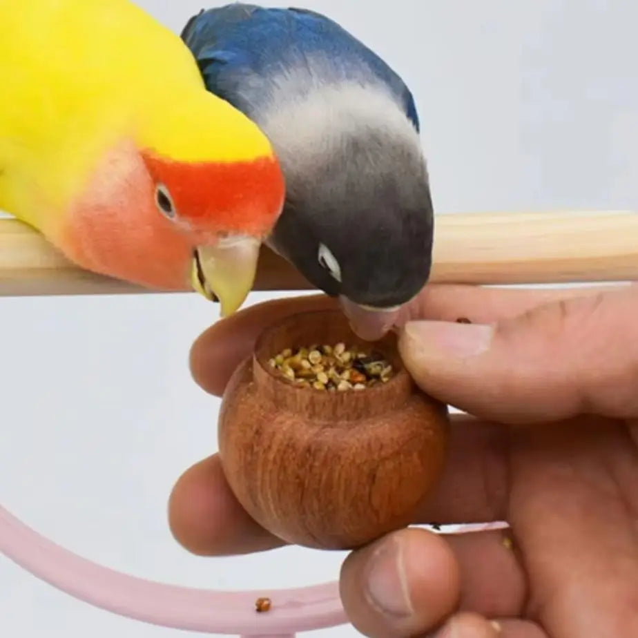 L12 Anti Bite Natural Wood Small Bird Food Bowl Handheld Lightweight Design for Budgie Lovebird Cockatiel Conure Small Pet Birds