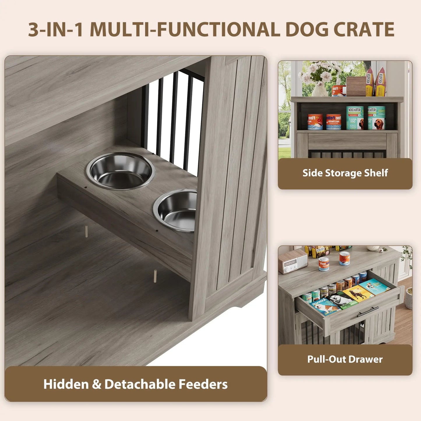 HiMISS Furniture Style Wooden Dog Crate With Feeding Station