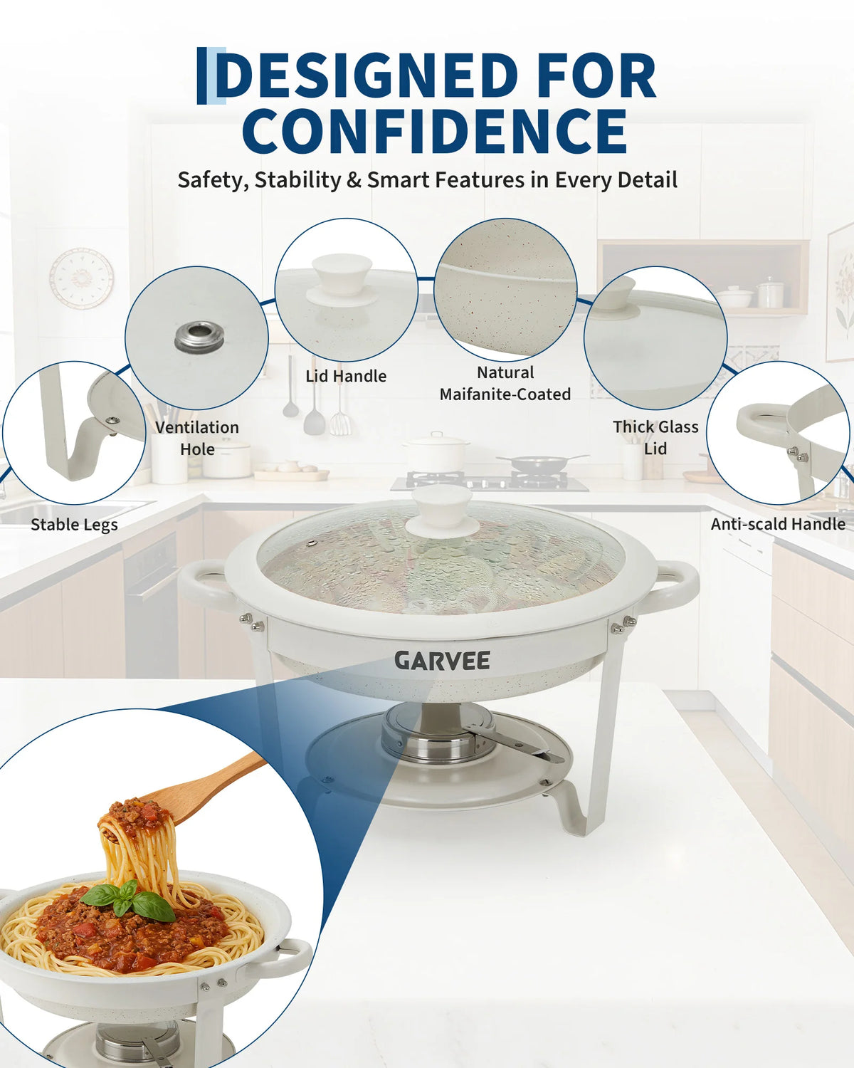 5.3QT Round Chafing Dish Set Natural Maifanite Non‑Stick Coating, Keep Warm & Cold, Stackable Foldable Frame, Anti‑Scald Handle Glass Lid for Buffet Wedding Party Catering Supplies
