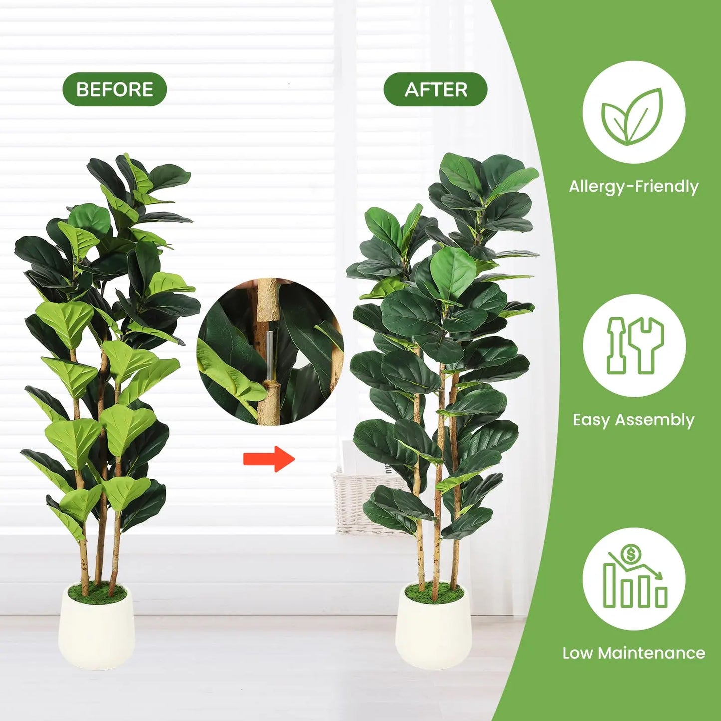 Artificial Fiddle Leaf Fig Tree with White Planter, 5/6/7 ft Tall Fake Plant with Natural Wood Trunk, Faux Ficus Tree Potted Moss for Home Office Living Room Decor